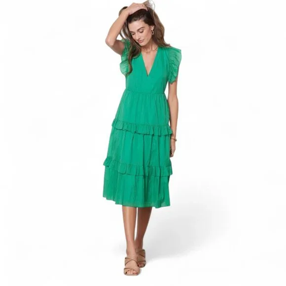 Amanda Uprichard | Dresses | Amanda Uprichard Chamomile Tiered Midi Dress  Vneck Ruffle Sleeves Green Sz M | Poshmark